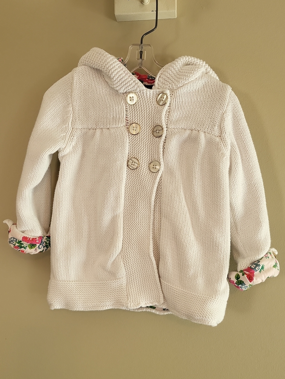 Cynthia Rowley ivory hooded knit cardigan with pink & green floral lining